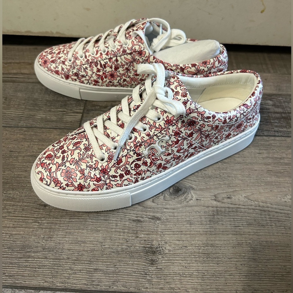 Tory Burch Amalia Floral Printed Leather Sneakers, pink white Red Keepsake